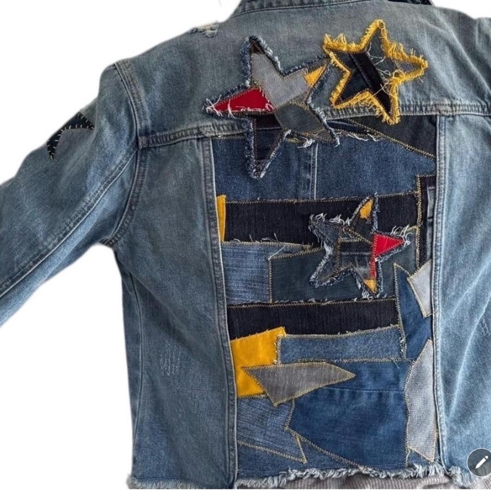 One-of-a-Kind Distressed patchwork Denim Jacket handmade Appliqué-Size Small/Med